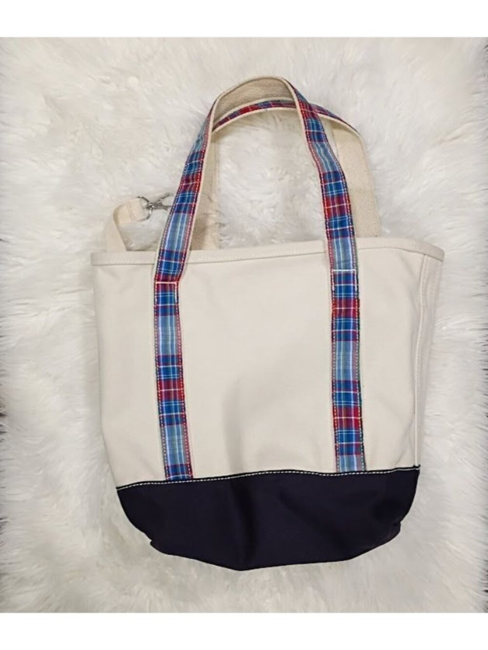 Lands End Tote Canvas Plaid Straps Cream Navy Large - Picture 8 of 10